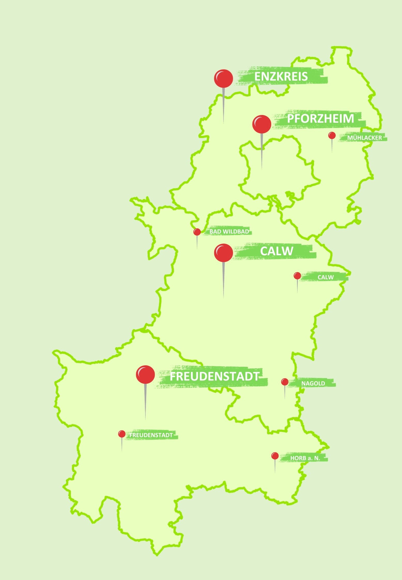 Karte des Regionalverbands Nordschwarzwalds, untergliedert in die Kreise Enzkreis, Pforzheim, Calw und Freudenstadt
